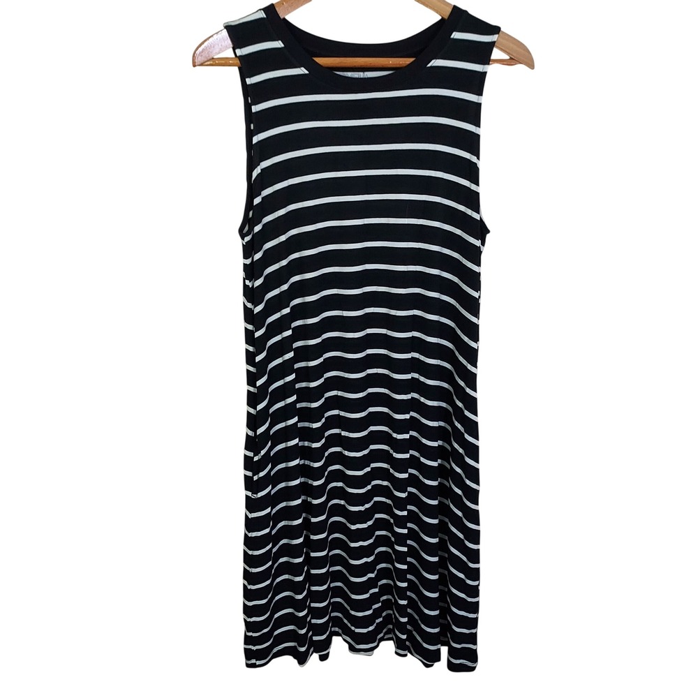 Black White Striped Sleeveless Jersey Shirt Dress L Nautical Coastal Casual